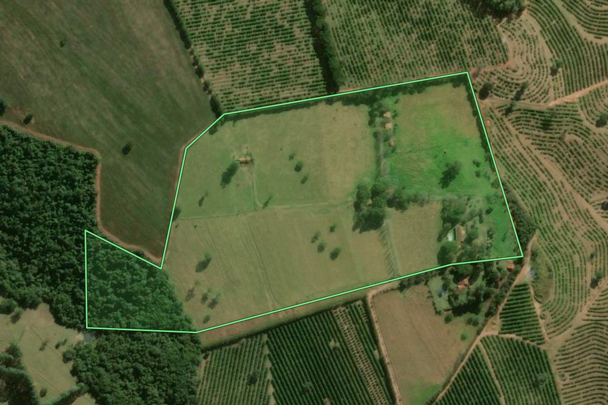 Imagem de satélite do imóvel rural em Itatinga (SP), com o contorno declarado no CAR desenhado por cima.