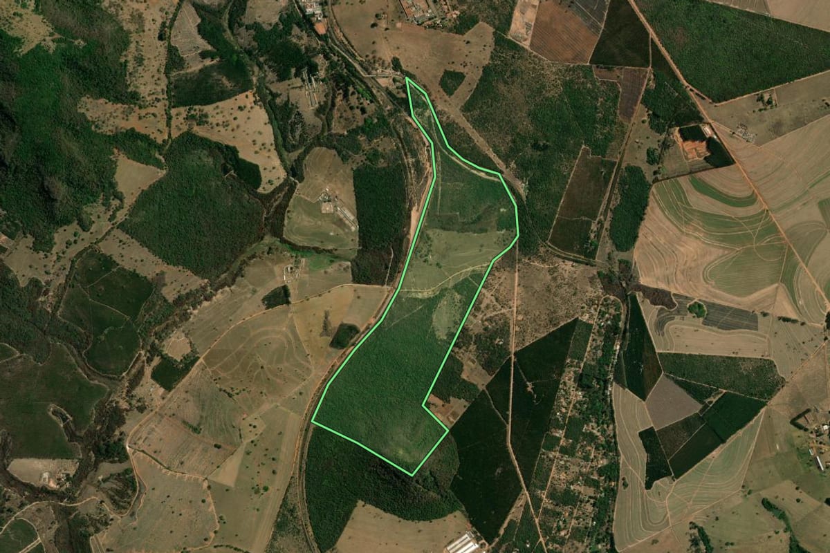 Imagem de satélite do imóvel rural em Itirapina (SP), com o contorno declarado no CAR desenhado por cima.