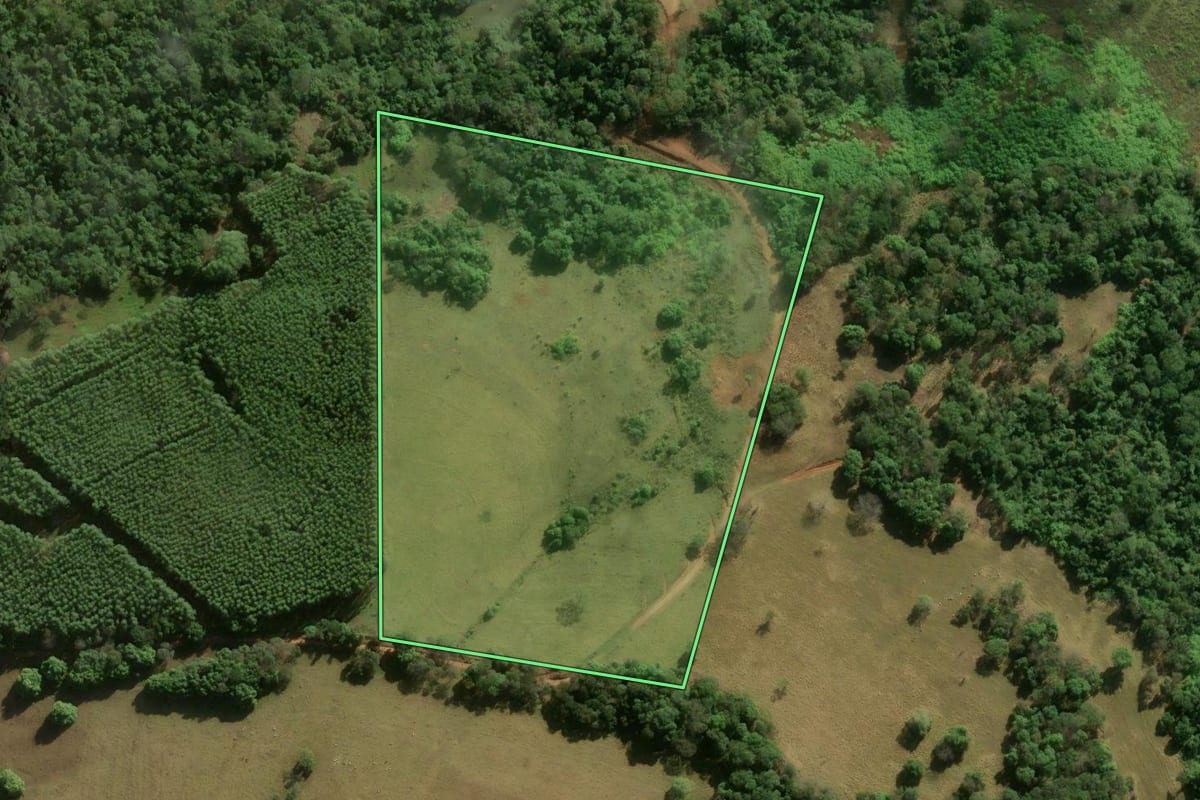 Imagem de satélite do imóvel rural em Itirapina (SP), com o contorno declarado no CAR desenhado por cima.