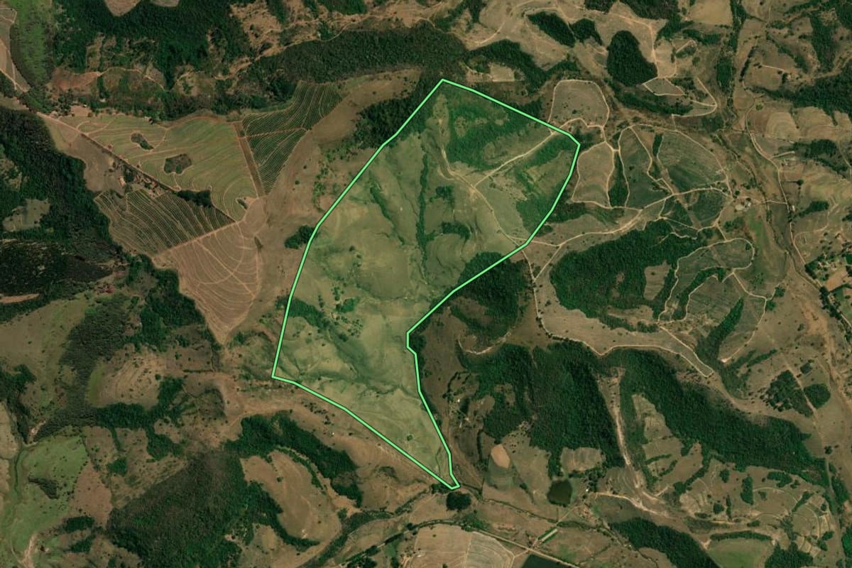 Imagem de satélite do imóvel rural em Itirapina (SP), com o contorno declarado no CAR desenhado por cima.