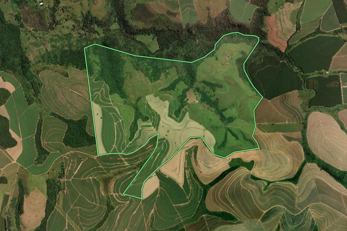 Imagem de satélite do imóvel rural em Itirapina (SP), com o contorno declarado no CAR desenhado por cima.