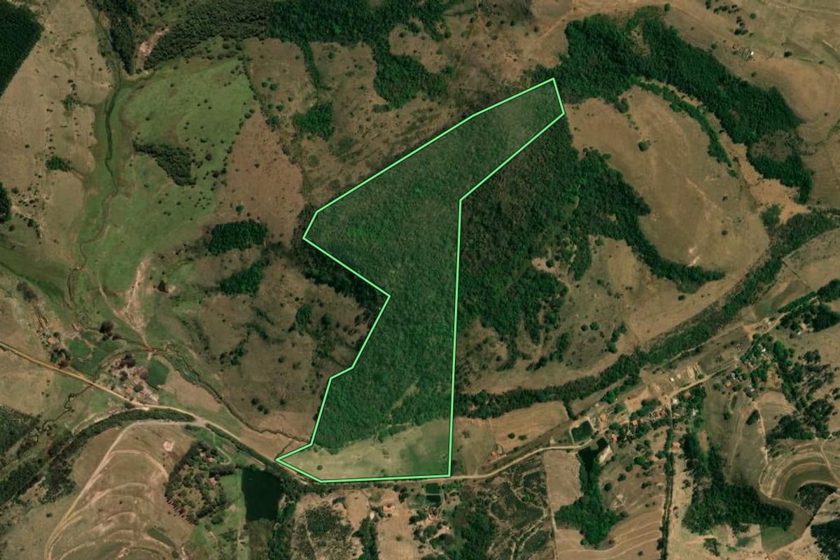 Imagem de satélite do imóvel rural em Itirapina (SP), com o contorno declarado no CAR desenhado por cima.