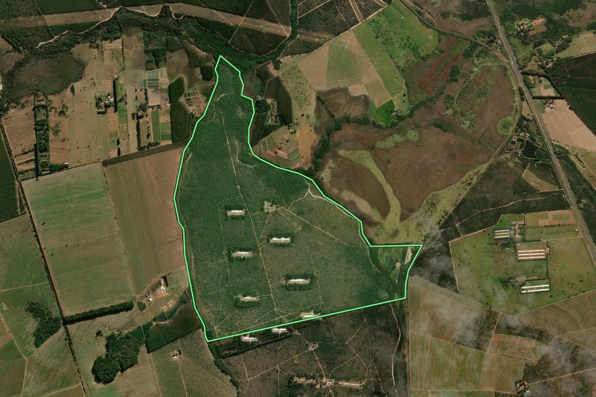 Imagem de satélite do imóvel rural em Itirapina (SP), com o contorno declarado no CAR desenhado por cima.