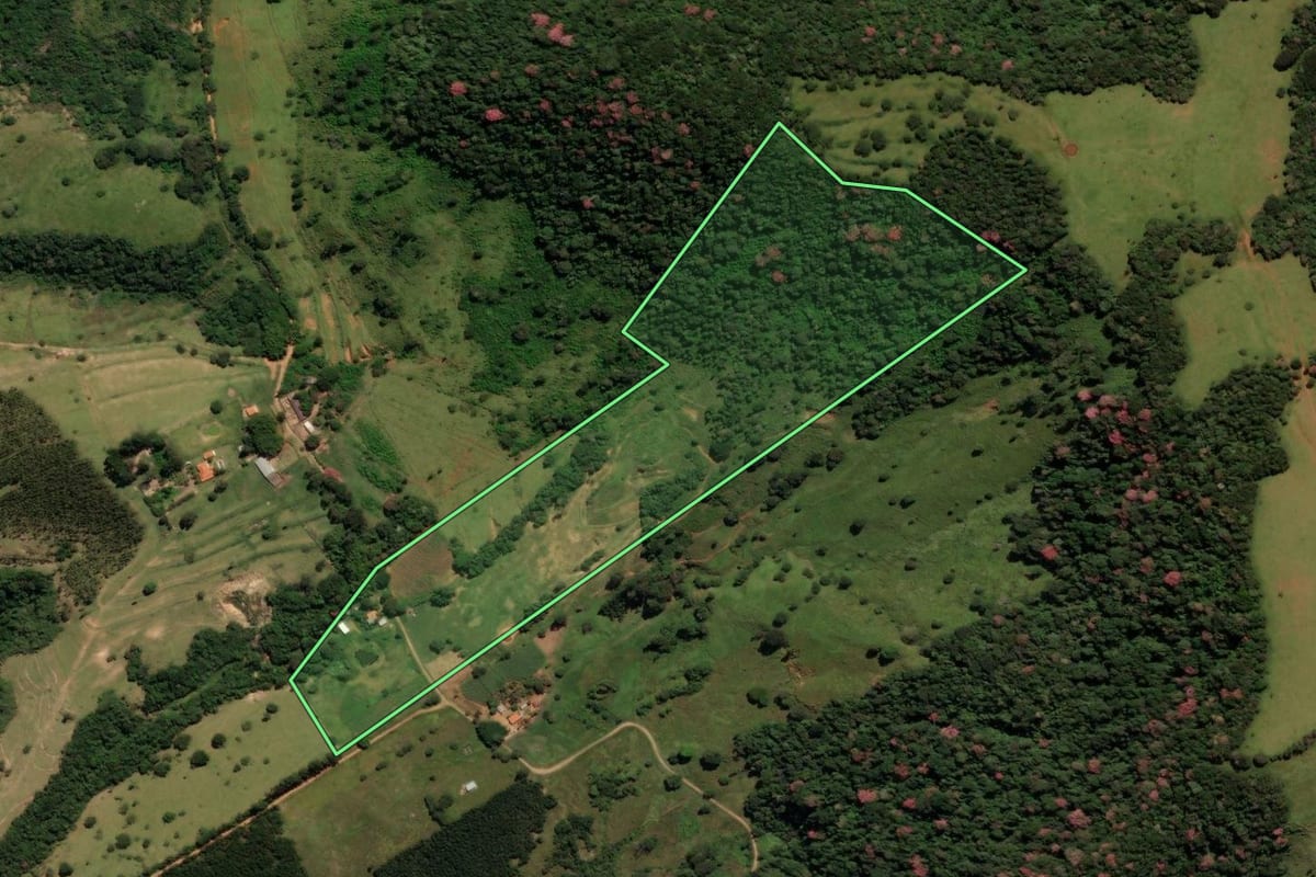 Imagem de satélite do imóvel rural em Itirapina (SP), com o contorno declarado no CAR desenhado por cima.