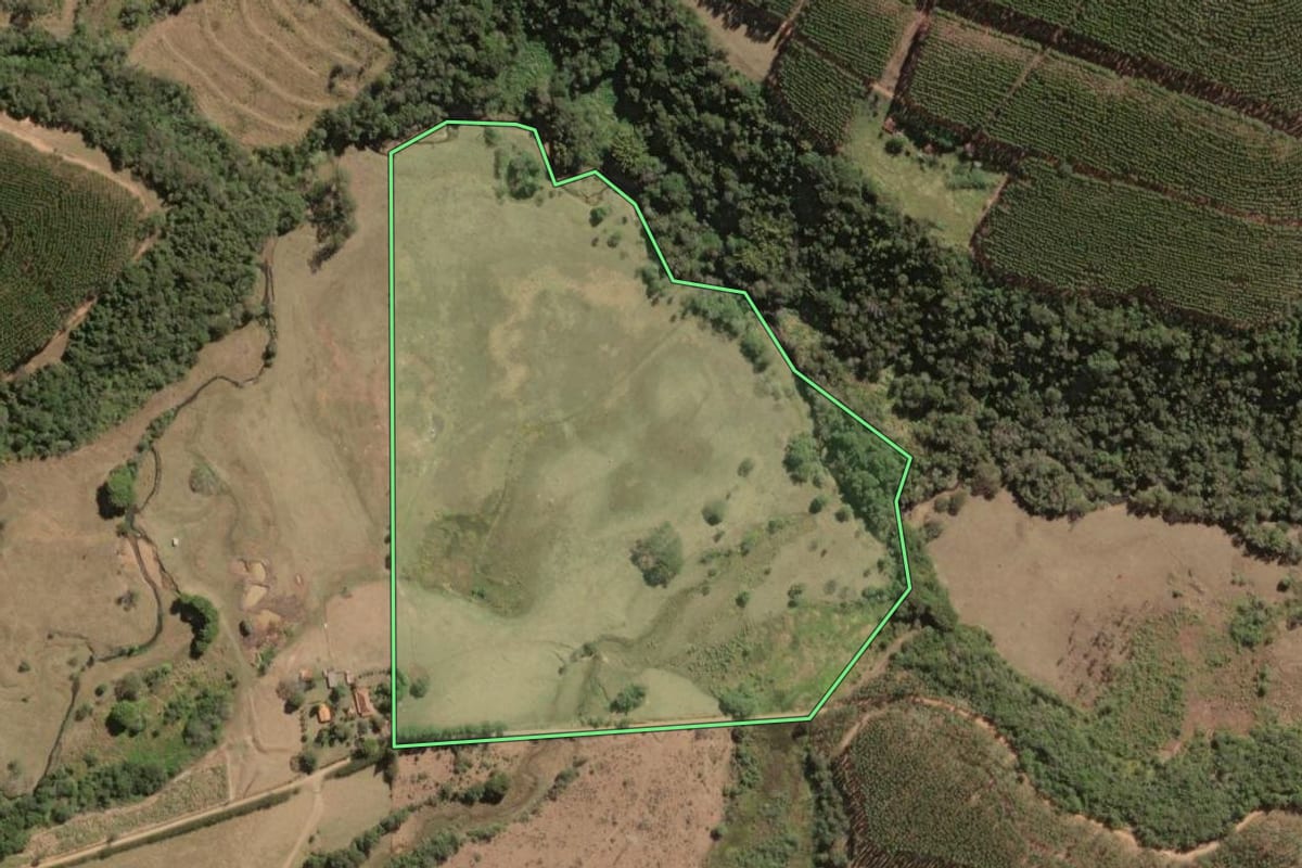 Imagem de satélite do imóvel rural em Itirapina (SP), com o contorno declarado no CAR desenhado por cima.