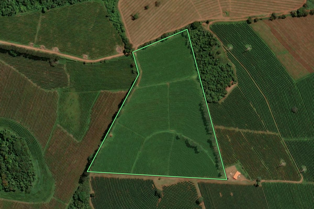 Imagem de satélite do imóvel rural em Itirapuã (SP), com o contorno declarado no CAR desenhado por cima.