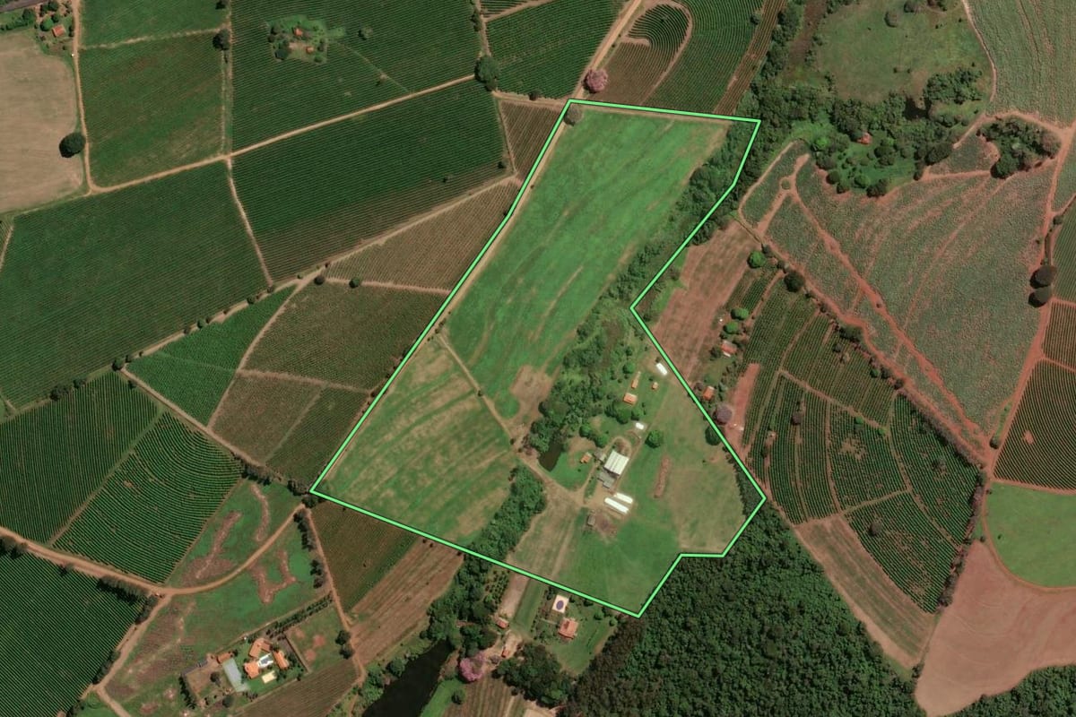 Imagem de satélite do imóvel rural em Itirapuã (SP), com o contorno declarado no CAR desenhado por cima.