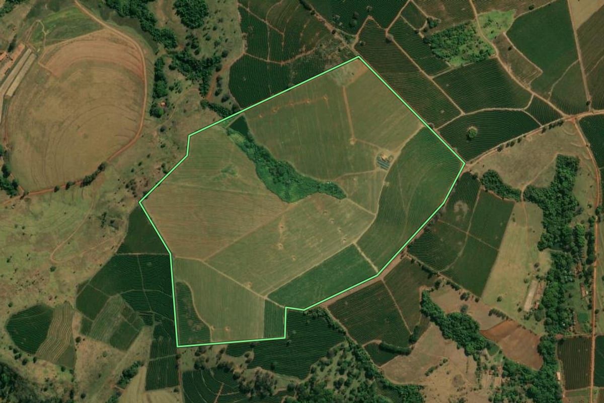 Imagem de satélite do imóvel rural em Itirapuã (SP), com o contorno declarado no CAR desenhado por cima.