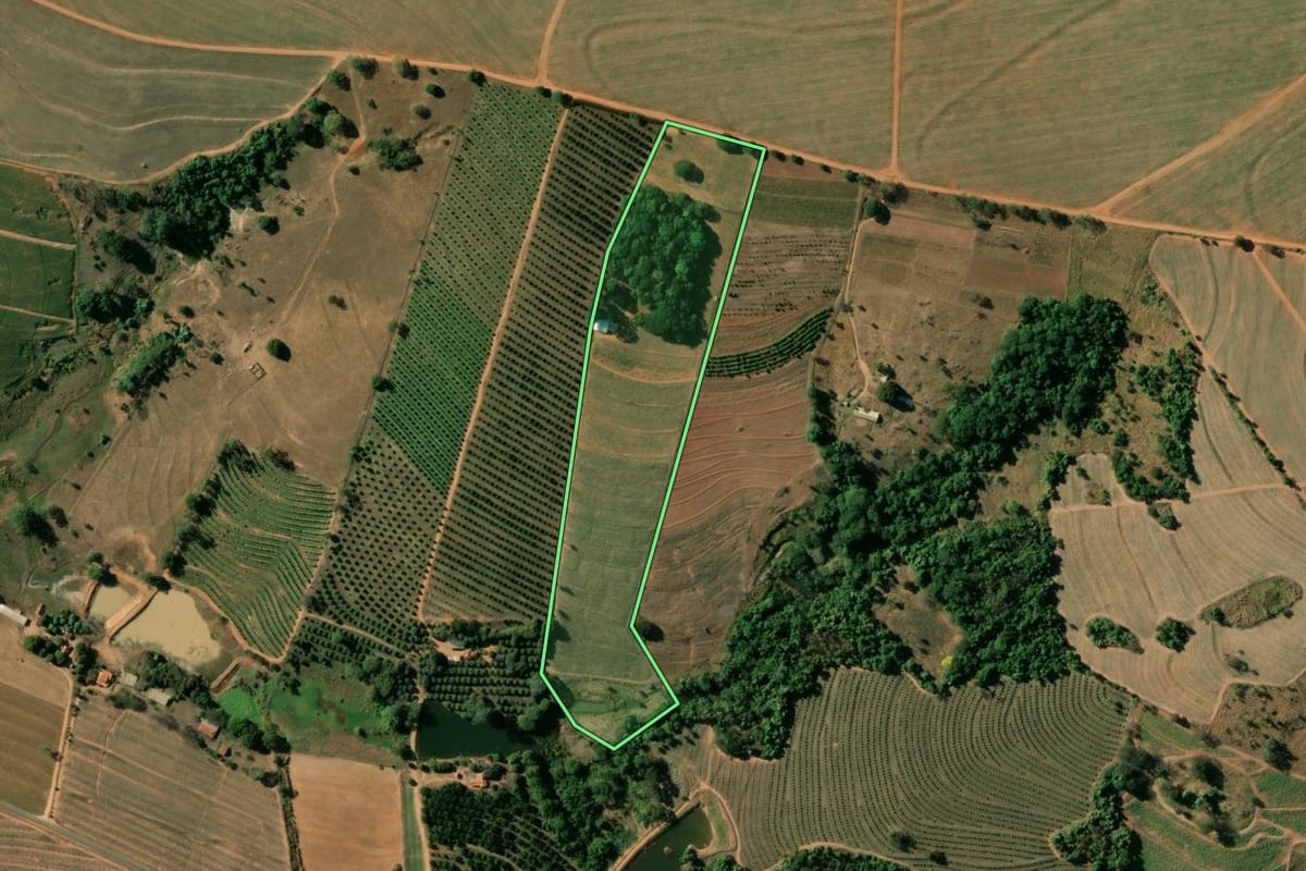 Imagem de satélite do imóvel rural em Itobi (SP), com o contorno declarado no CAR desenhado por cima.