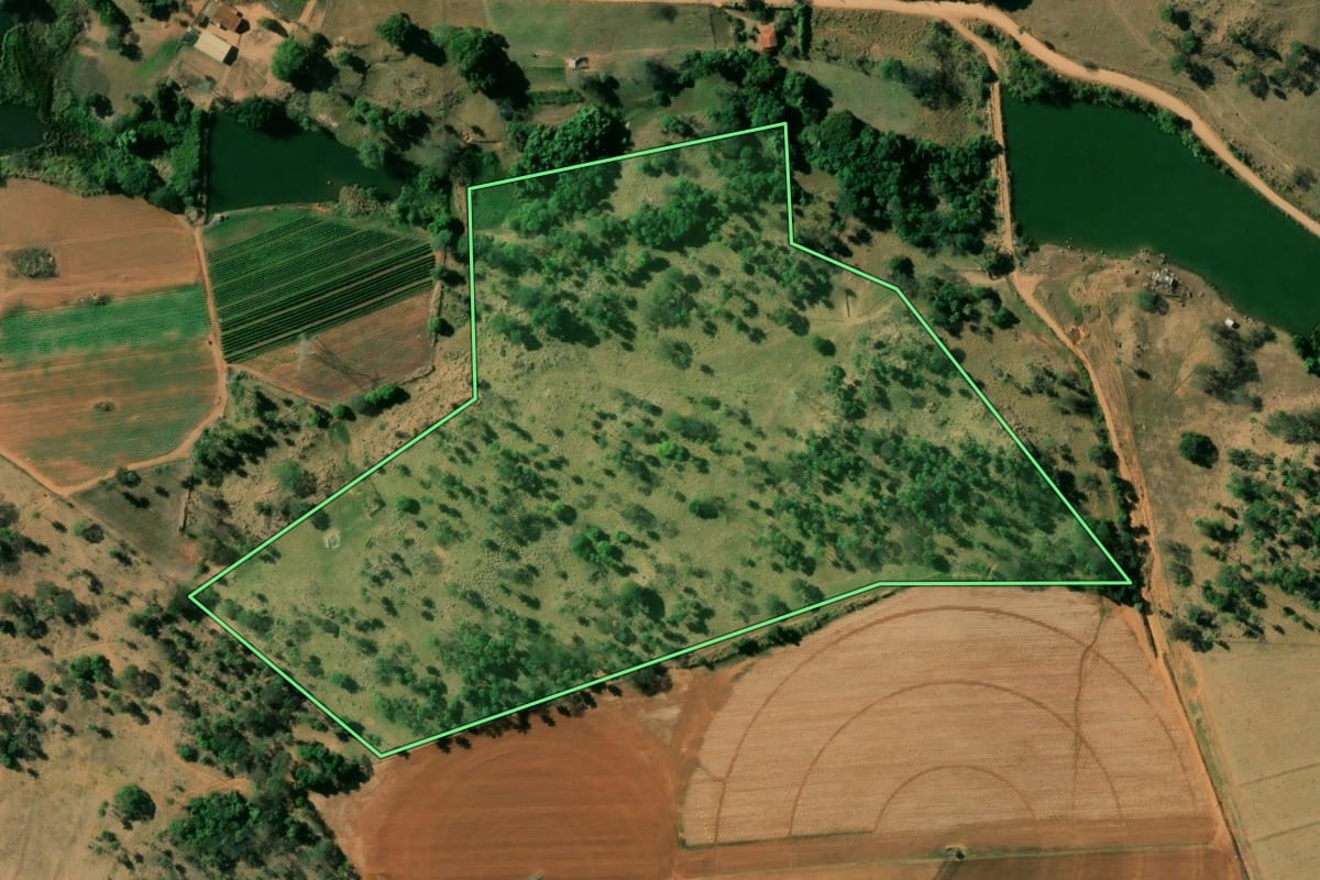Imagem de satélite do imóvel rural em Itobi (SP), com o contorno declarado no CAR desenhado por cima.