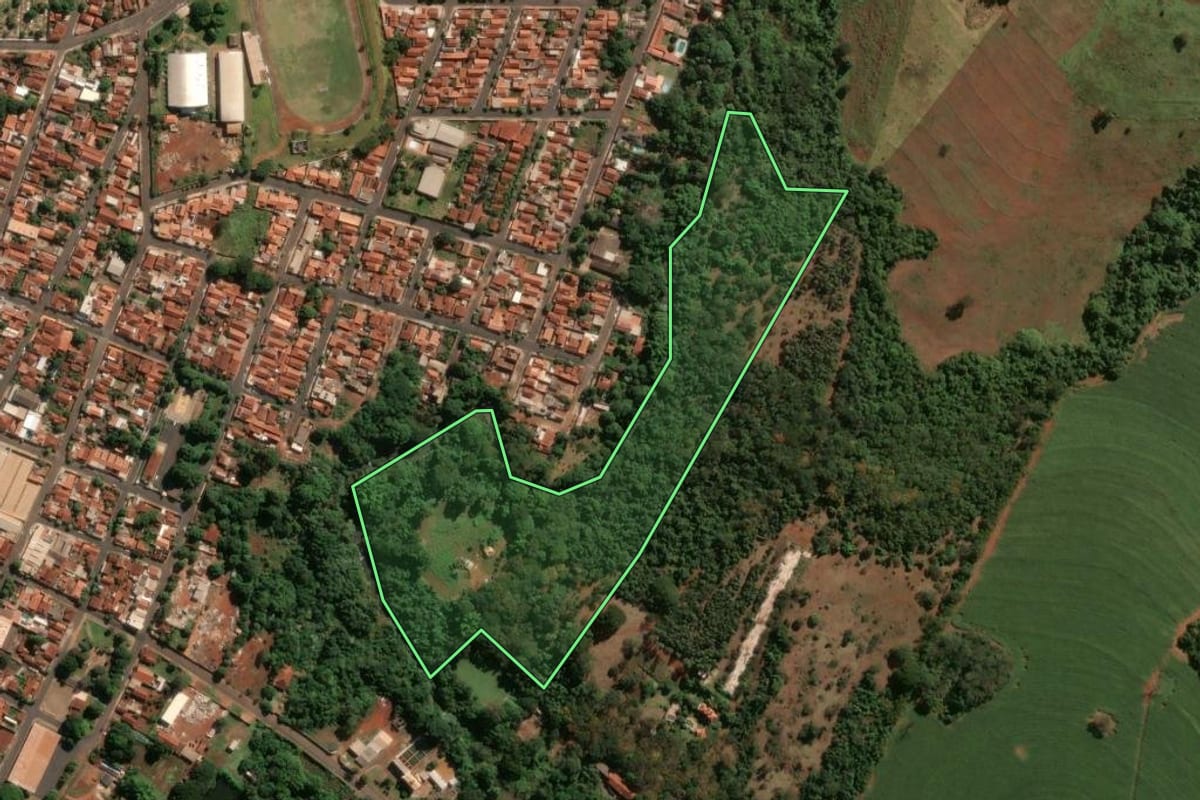 Imagem de satélite do imóvel rural em Ituverava (SP), com o contorno declarado no CAR desenhado por cima.
