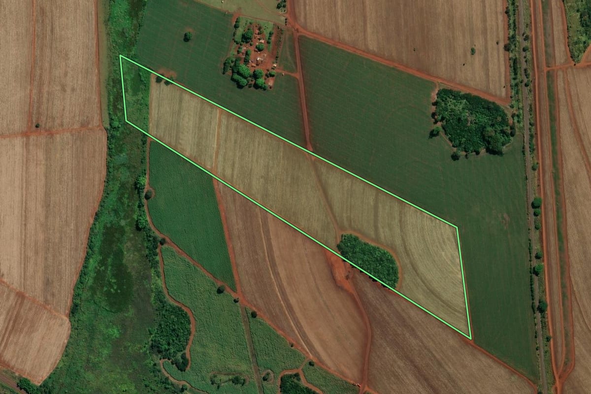 Imagem de satélite do imóvel rural em Ituverava (SP), com o contorno declarado no CAR desenhado por cima.
