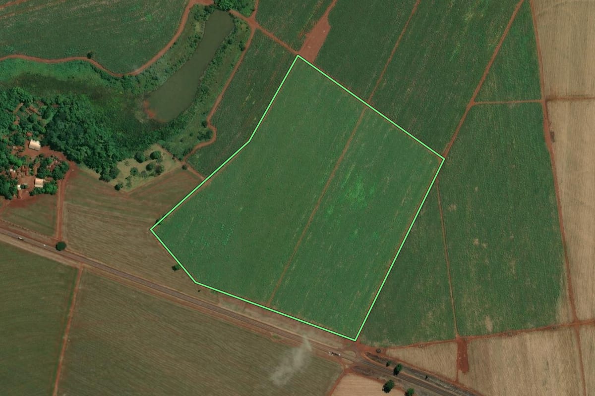 Imagem de satélite do imóvel rural em Ituverava (SP), com o contorno declarado no CAR desenhado por cima.