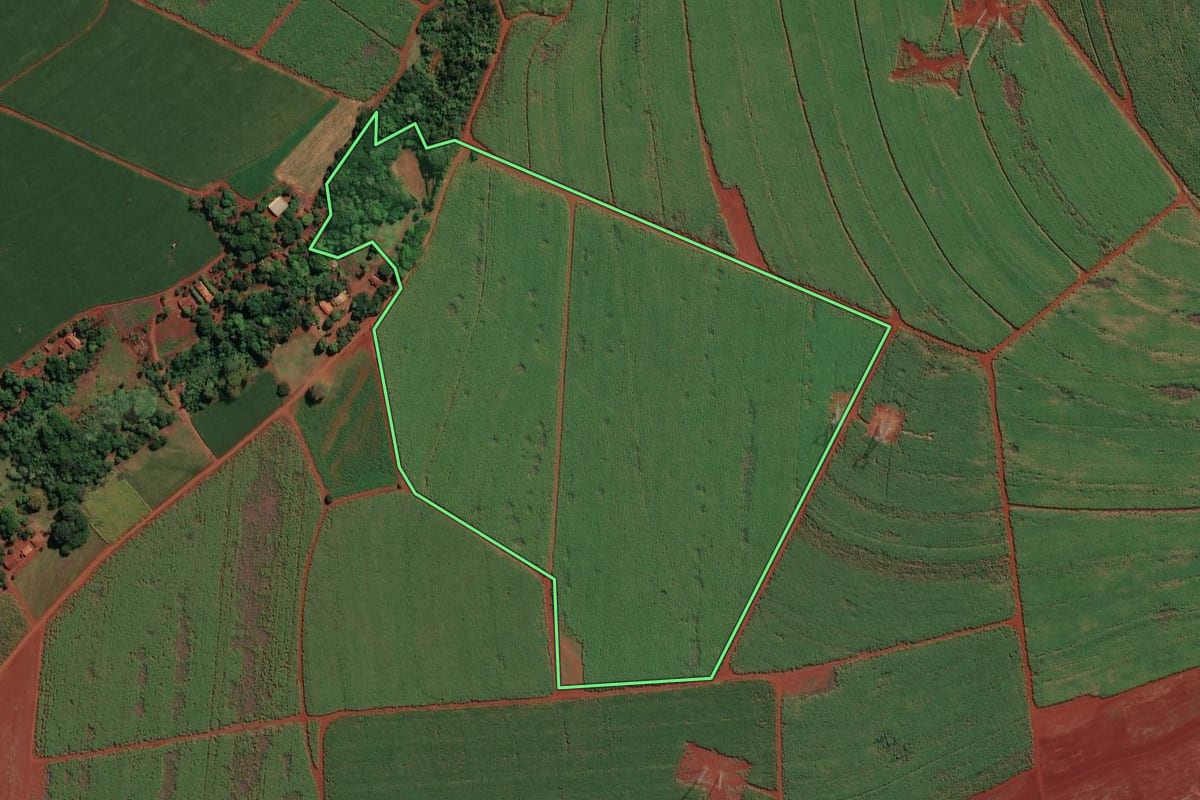 Imagem de satélite do imóvel rural em Ituverava (SP), com o contorno declarado no CAR desenhado por cima.