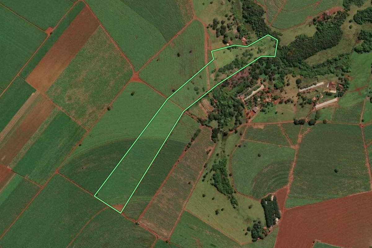 Imagem de satélite do imóvel rural em Ituverava (SP), com o contorno declarado no CAR desenhado por cima.