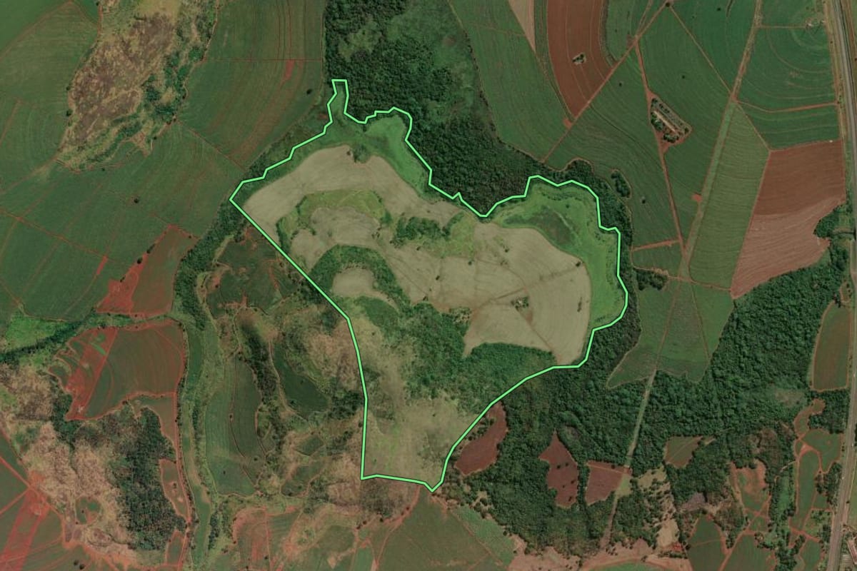Imagem de satélite do imóvel rural em Ituverava (SP), com o contorno declarado no CAR desenhado por cima.