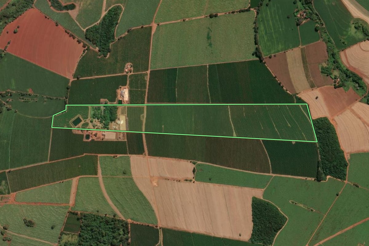 Imagem de satélite do imóvel rural em Ituverava (SP), com o contorno declarado no CAR desenhado por cima.