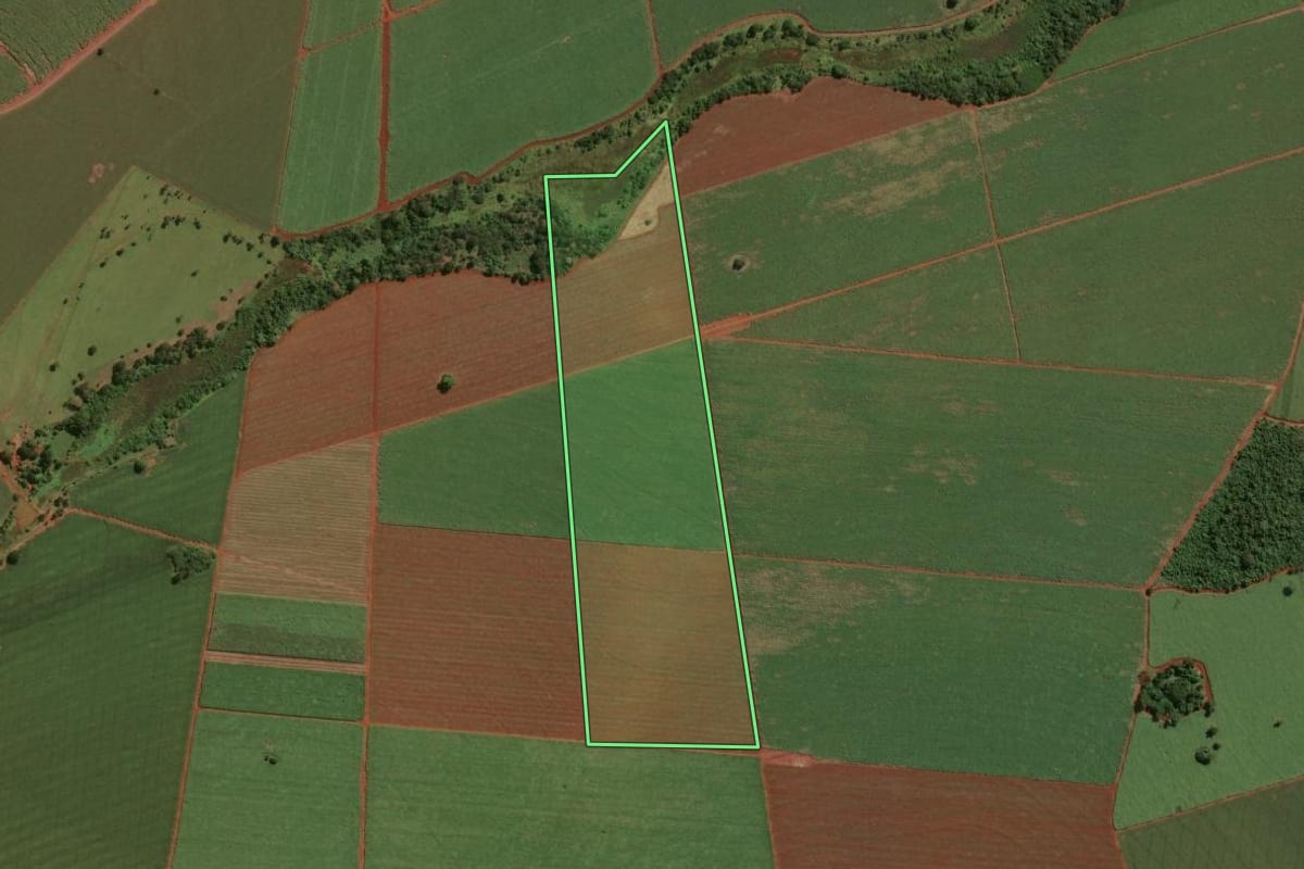 Imagem de satélite do imóvel rural em Ituverava (SP), com o contorno declarado no CAR desenhado por cima.
