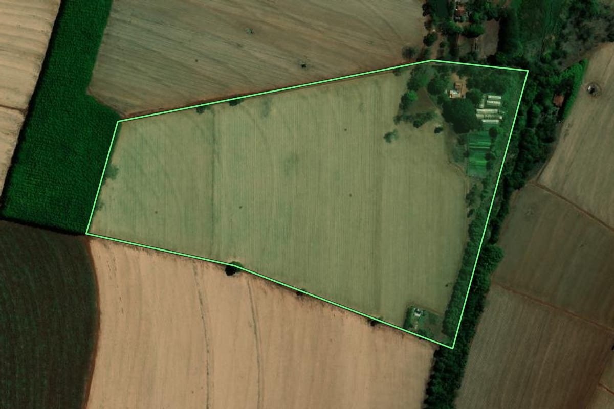 Imagem de satélite do imóvel rural em Jaborandi (SP), com o contorno declarado no CAR desenhado por cima.