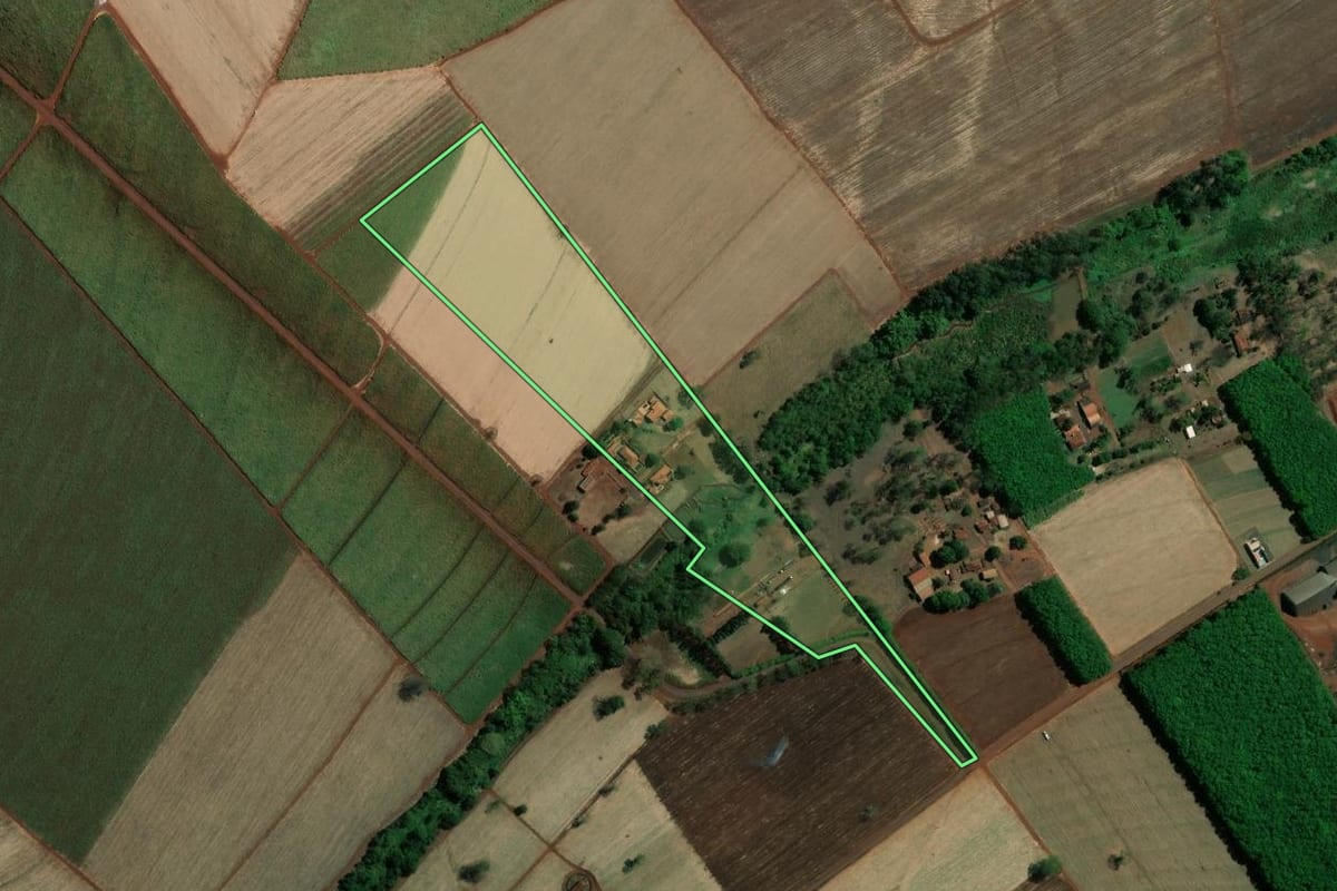 Imagem de satélite do imóvel rural em Jaborandi (SP), com o contorno declarado no CAR desenhado por cima.