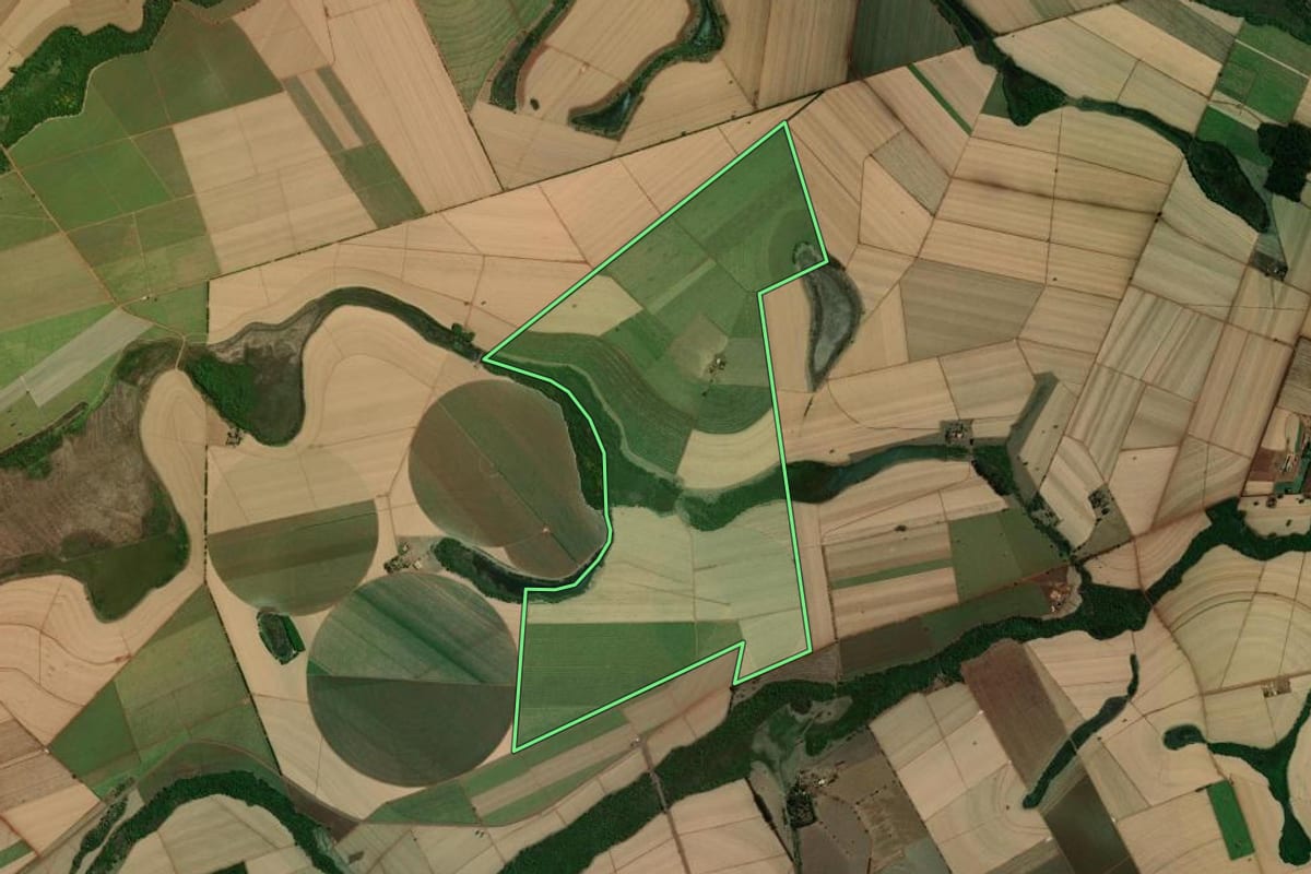 Imagem de satélite do imóvel rural em Jaborandi (SP), com o contorno declarado no CAR desenhado por cima.