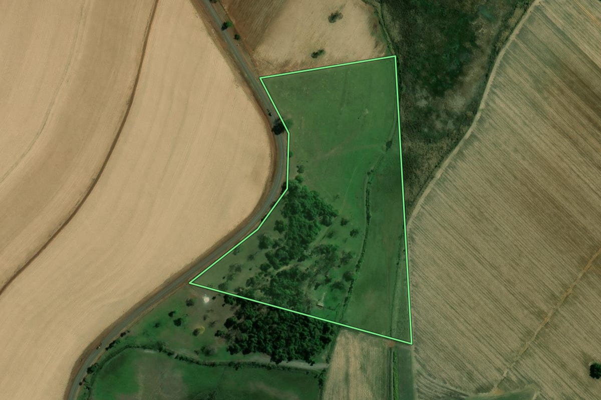 Imagem de satélite do imóvel rural em Jaborandi (SP), com o contorno declarado no CAR desenhado por cima.