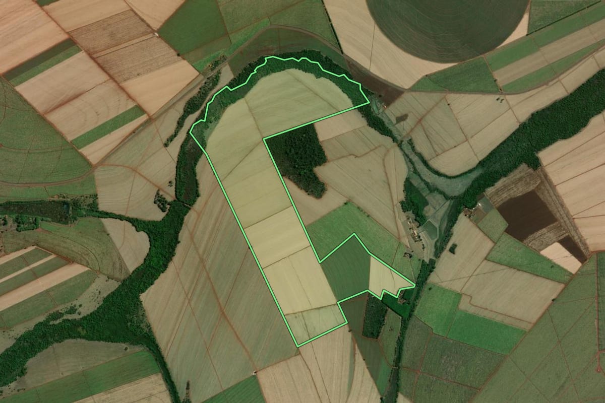 Imagem de satélite do imóvel rural em Jaborandi (SP), com o contorno declarado no CAR desenhado por cima.