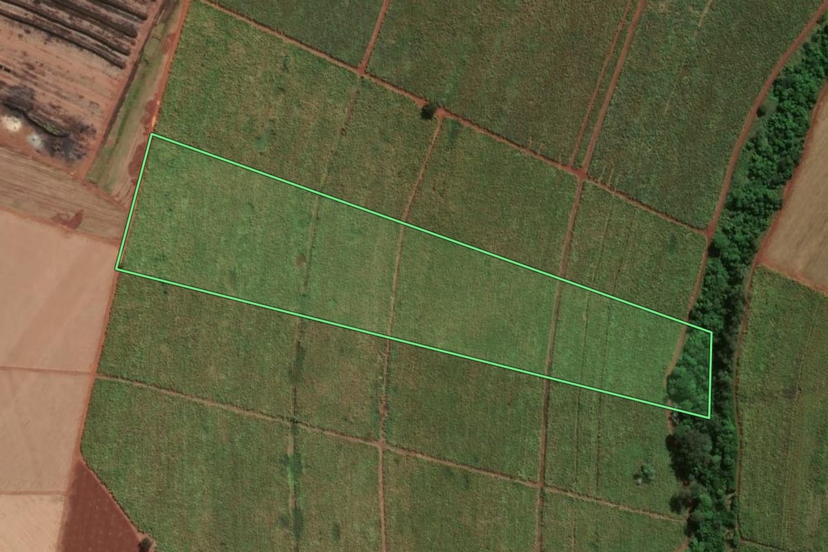 Imagem de satélite do imóvel rural em Jaboticabal (SP), com o contorno declarado no CAR desenhado por cima.