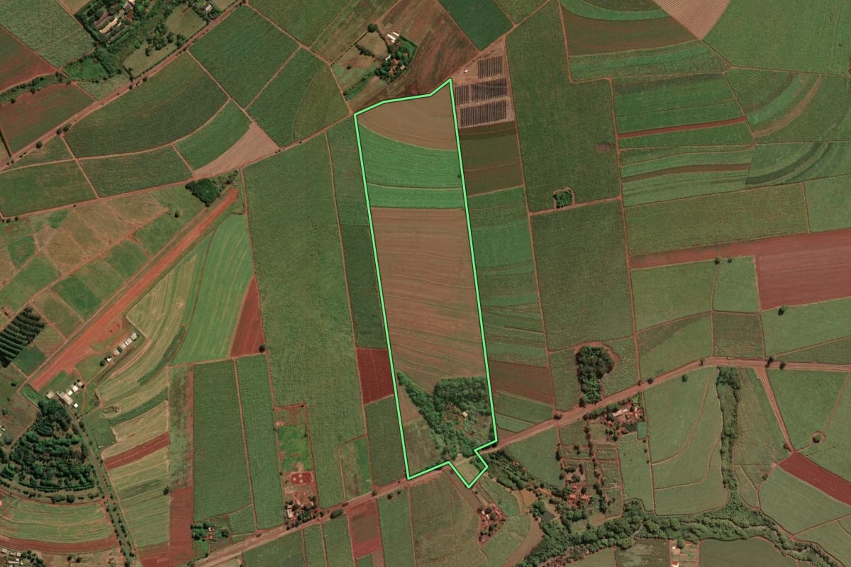 Imagem de satélite do imóvel rural em Jaboticabal (SP), com o contorno declarado no CAR desenhado por cima.