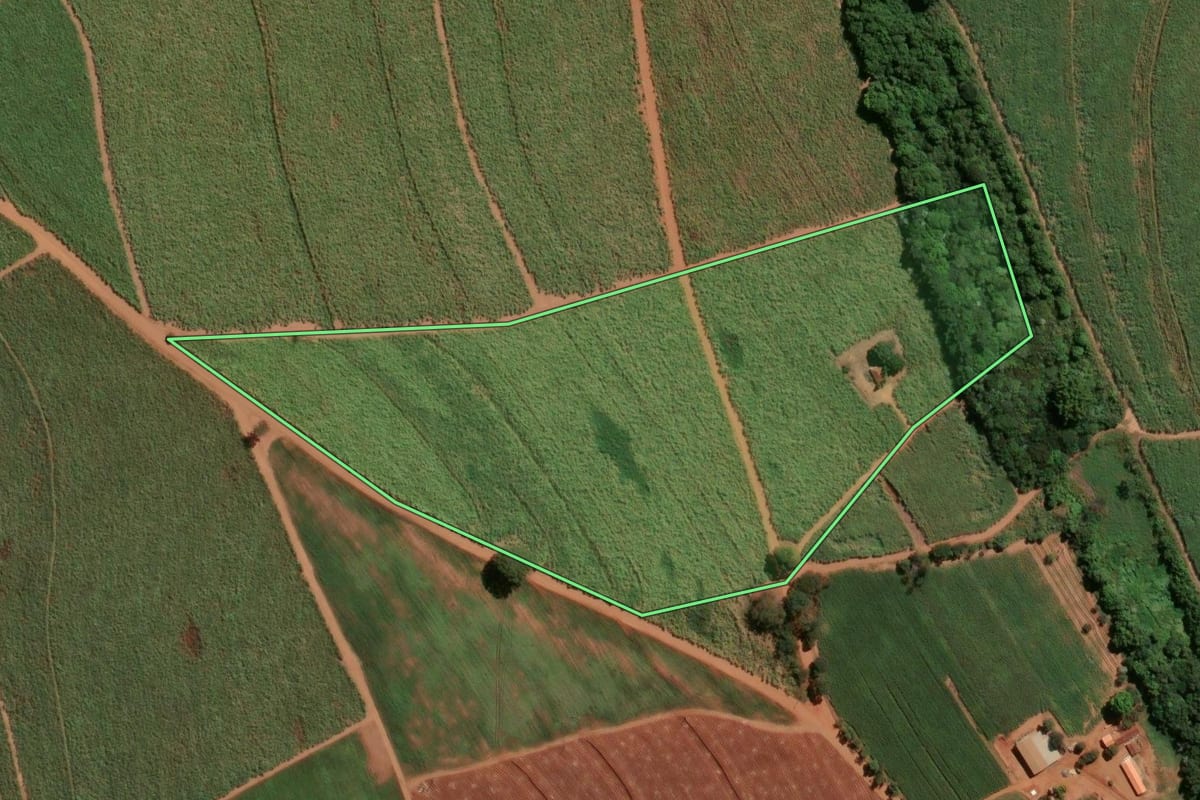 Imagem de satélite do imóvel rural em Jaboticabal (SP), com o contorno declarado no CAR desenhado por cima.
