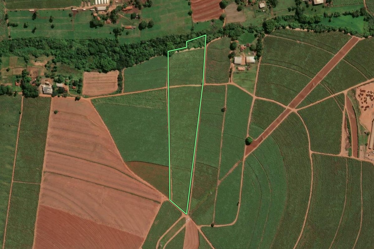 Imagem de satélite do imóvel rural em Jaboticabal (SP), com o contorno declarado no CAR desenhado por cima.