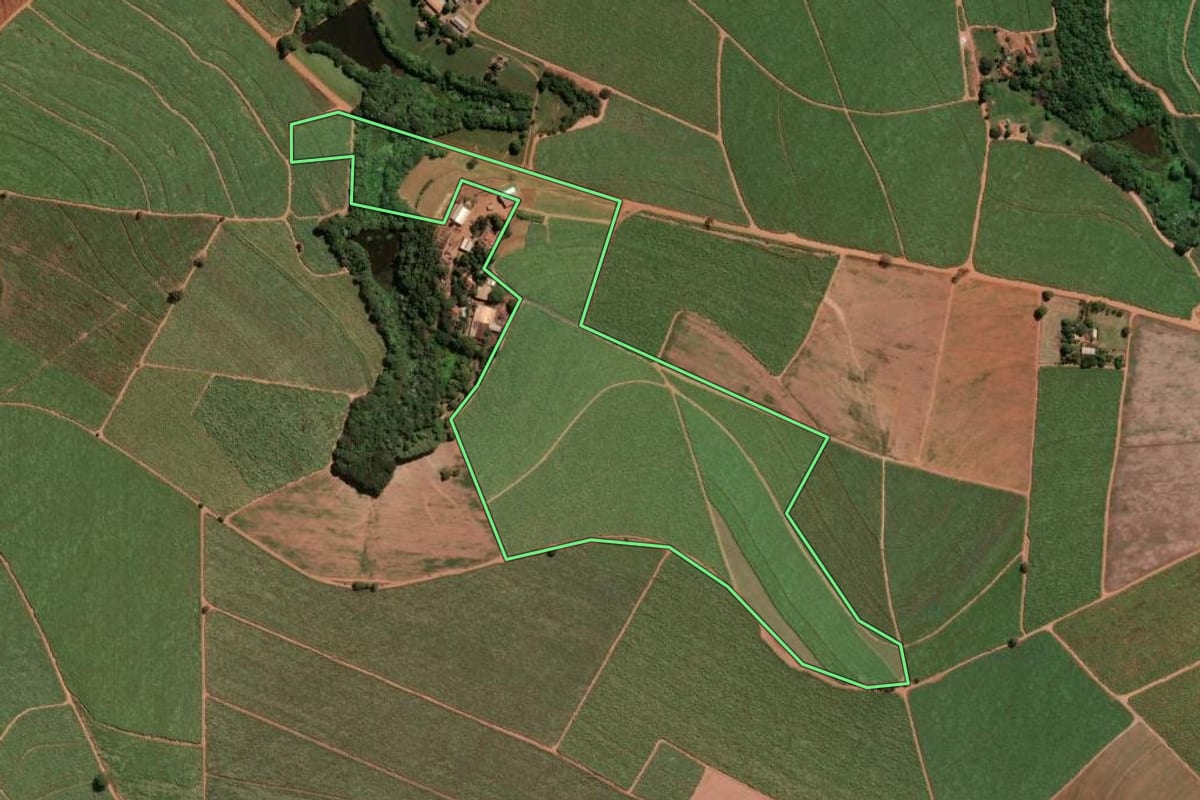 Imagem de satélite do imóvel rural em Jaboticabal (SP), com o contorno declarado no CAR desenhado por cima.
