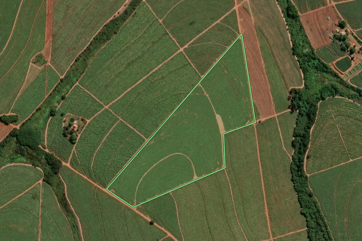 Imagem de satélite do imóvel rural em Jaboticabal (SP), com o contorno declarado no CAR desenhado por cima.