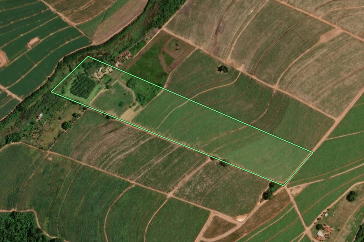 Imagem de satélite do imóvel rural em Jaboticabal (SP), com o contorno declarado no CAR desenhado por cima.