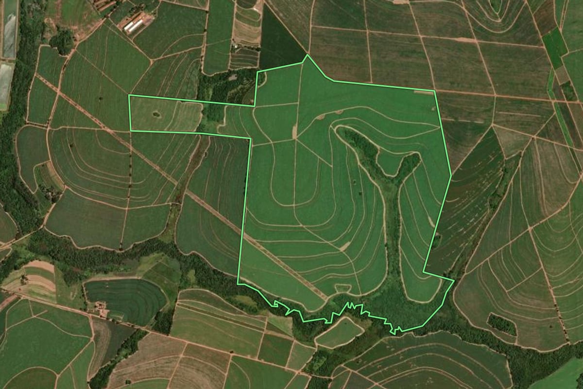 Imagem de satélite do imóvel rural em Jaboticabal (SP), com o contorno declarado no CAR desenhado por cima.