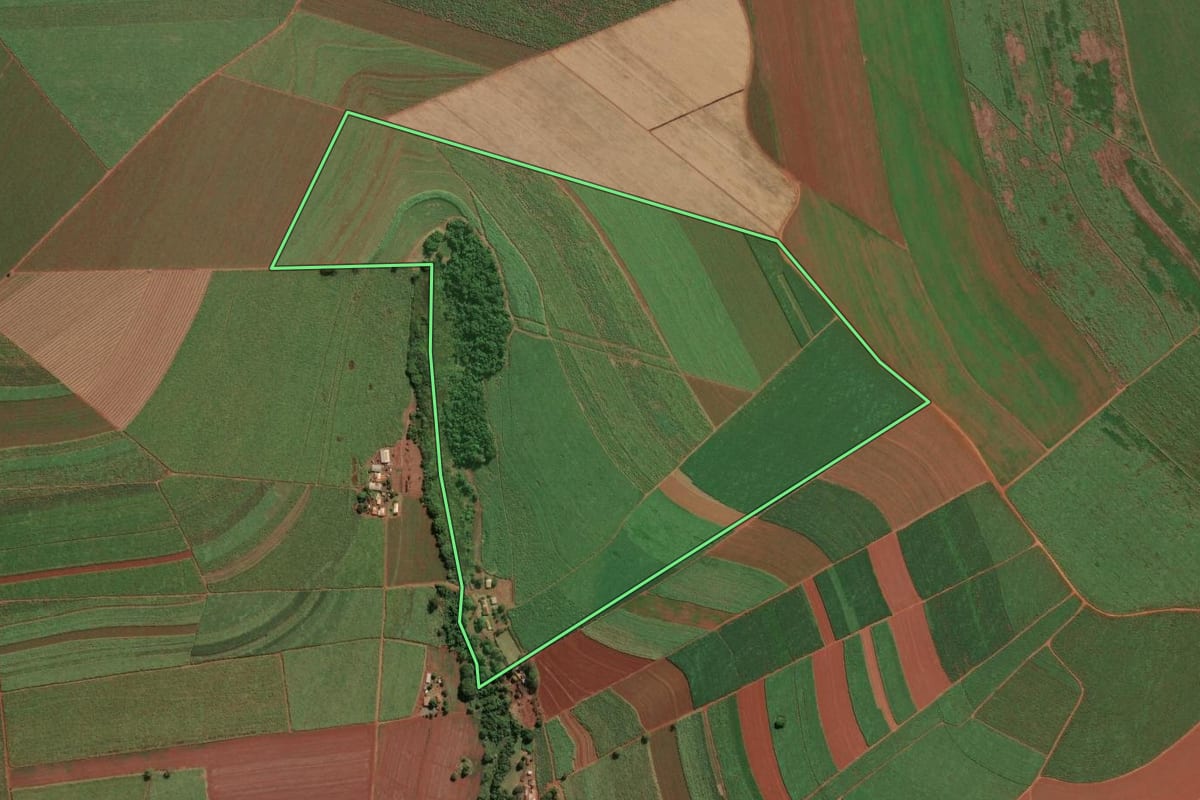 Imagem de satélite do imóvel rural em Jaboticabal (SP), com o contorno declarado no CAR desenhado por cima.
