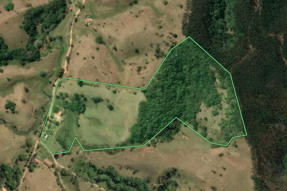 Imagem de satélite do imóvel rural em Jacareí (SP), com o contorno declarado no CAR desenhado por cima.