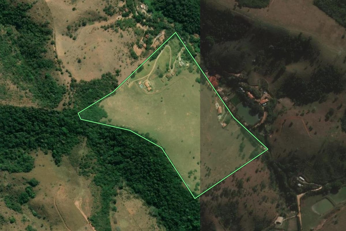 Imagem de satélite do imóvel rural em Jacareí (SP), com o contorno declarado no CAR desenhado por cima.