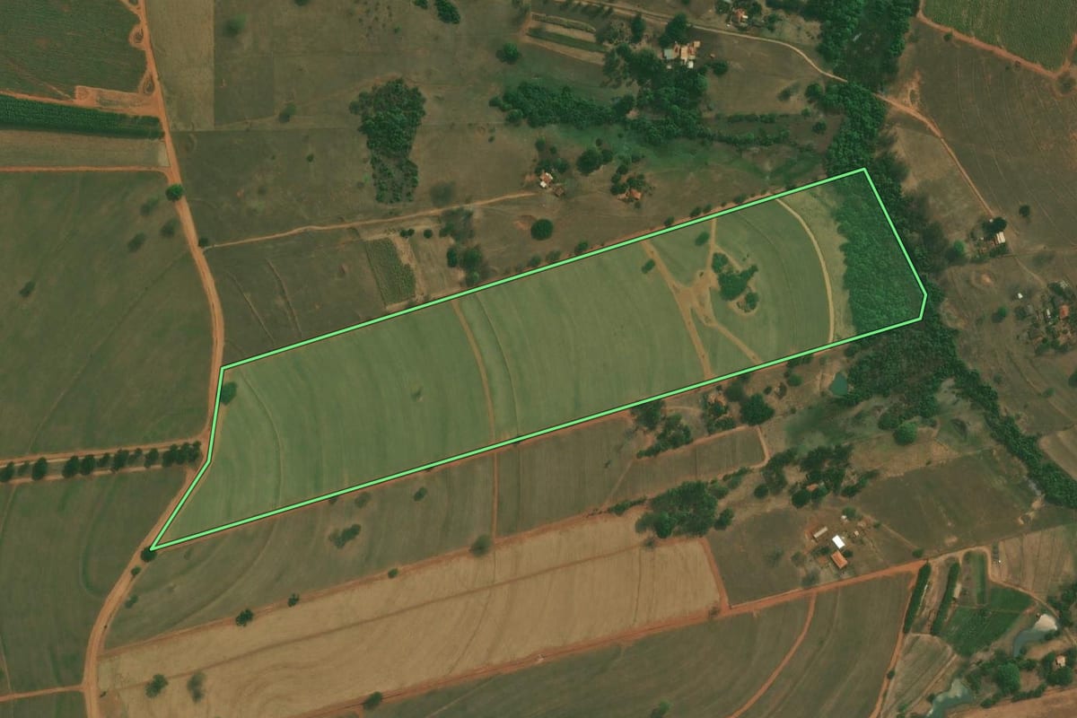 Imagem de satélite do imóvel rural em Jaci (SP), com o contorno declarado no CAR desenhado por cima.