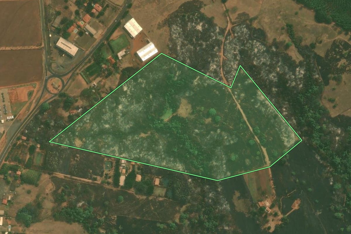 Imagem de satélite do imóvel rural em Jaci (SP), com o contorno declarado no CAR desenhado por cima.