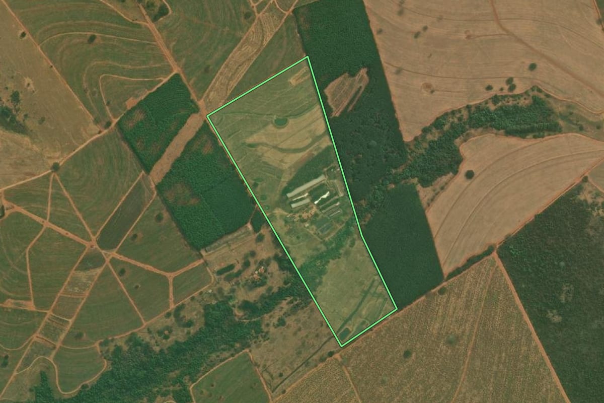 Imagem de satélite do imóvel rural em Jaci (SP), com o contorno declarado no CAR desenhado por cima.