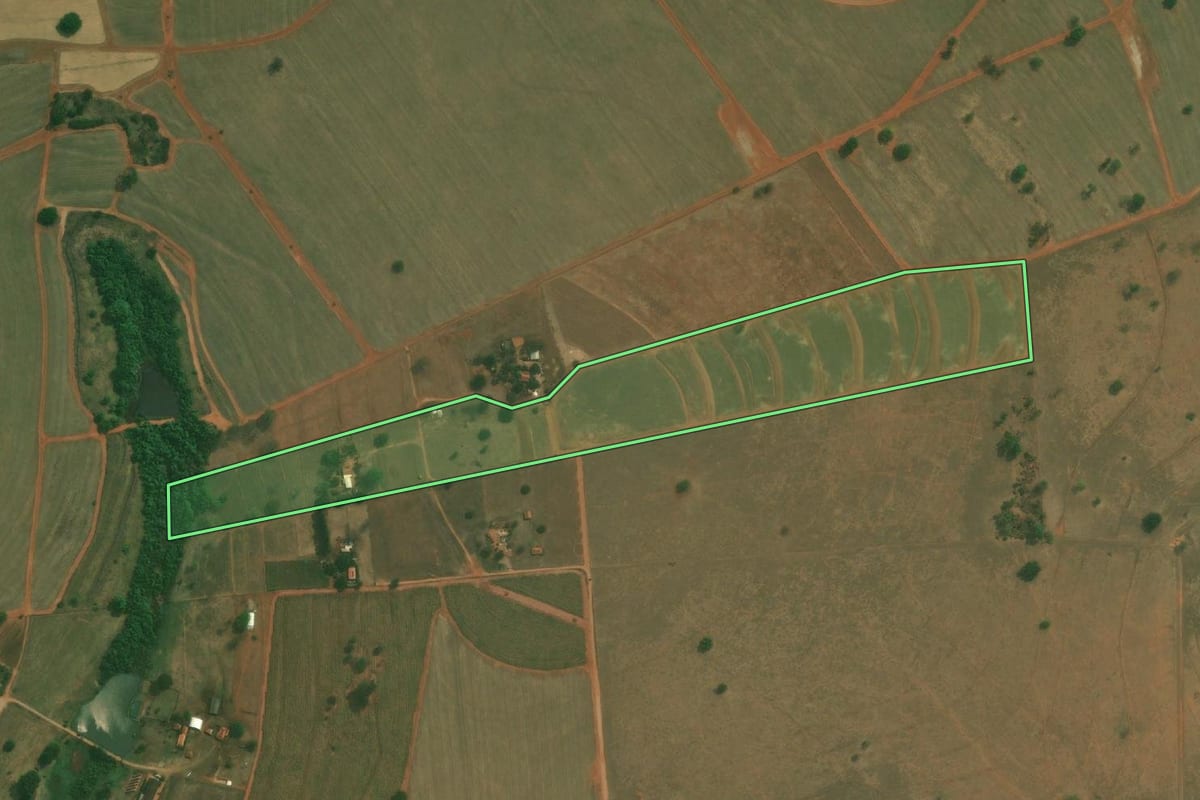 Imagem de satélite do imóvel rural em Jaci (SP), com o contorno declarado no CAR desenhado por cima.