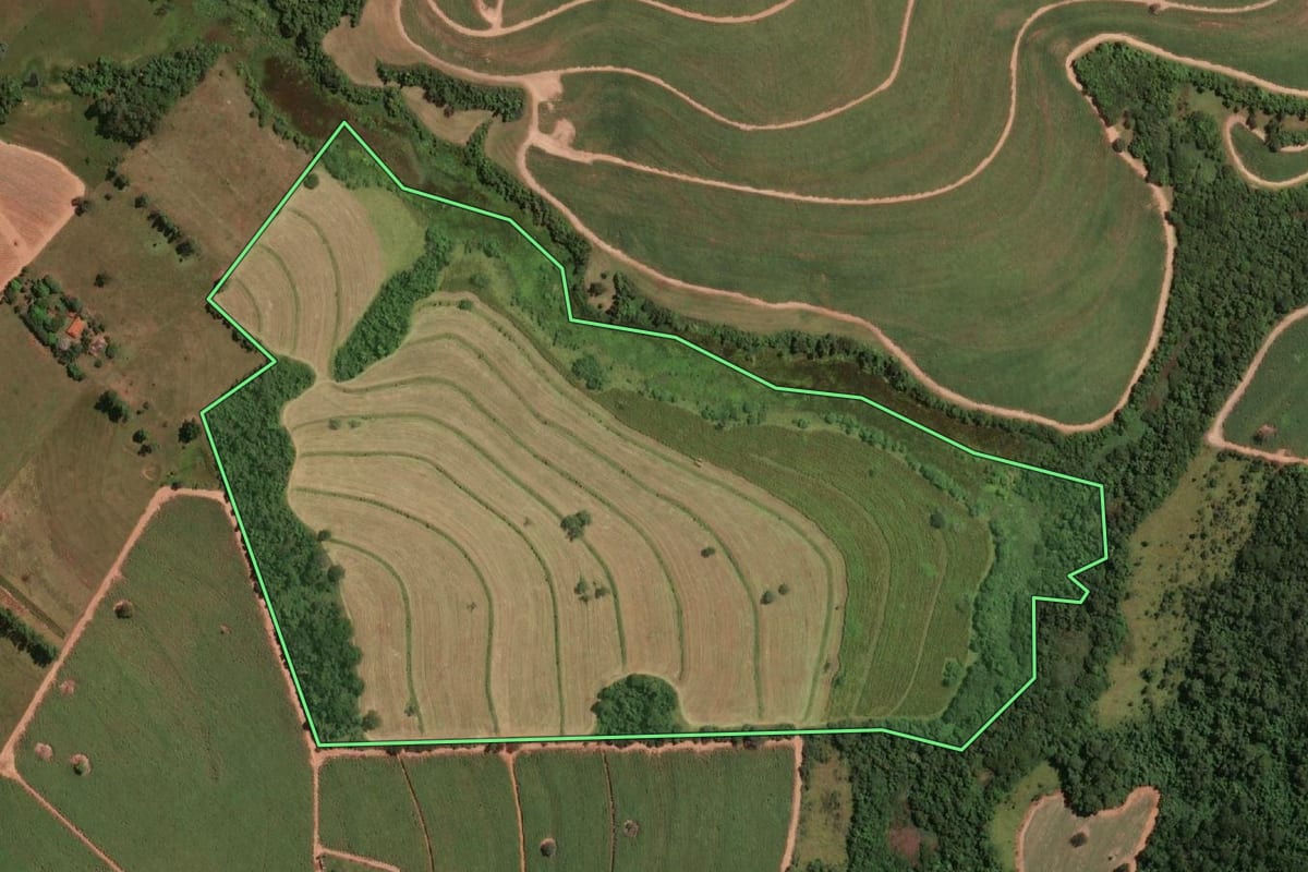 Imagem de satélite do imóvel rural em José Bonifácio (SP), com o contorno declarado no CAR desenhado por cima.