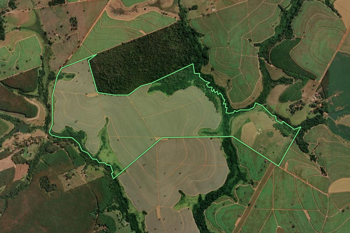 Imagem de satélite do imóvel rural em Jaci (SP), com o contorno declarado no CAR desenhado por cima.
