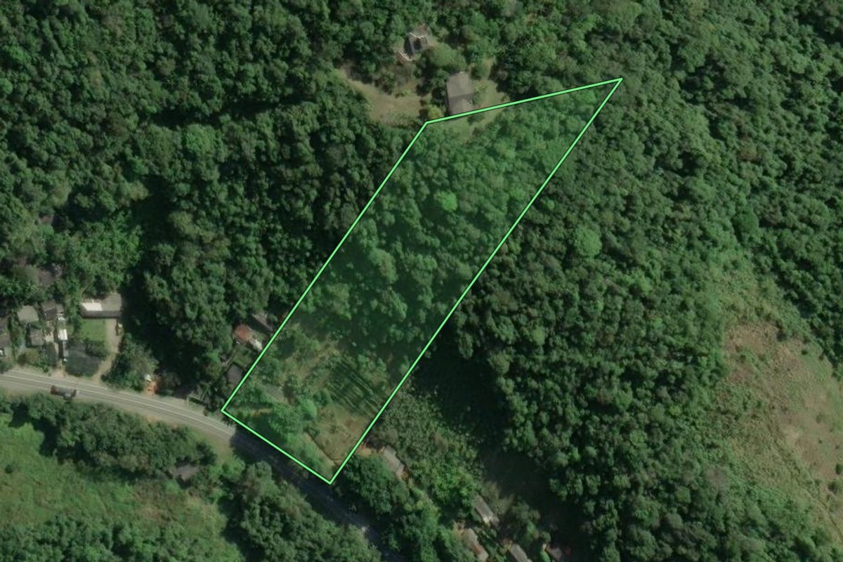 Imagem de satélite do imóvel rural em Jacupiranga (SP), com o contorno declarado no CAR desenhado por cima.