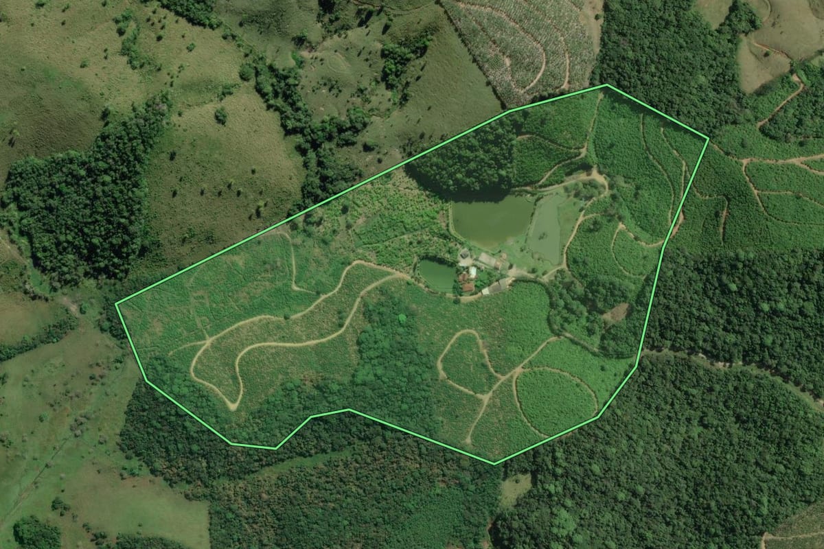 Imagem de satélite do imóvel rural em Jacupiranga (SP), com o contorno declarado no CAR desenhado por cima.