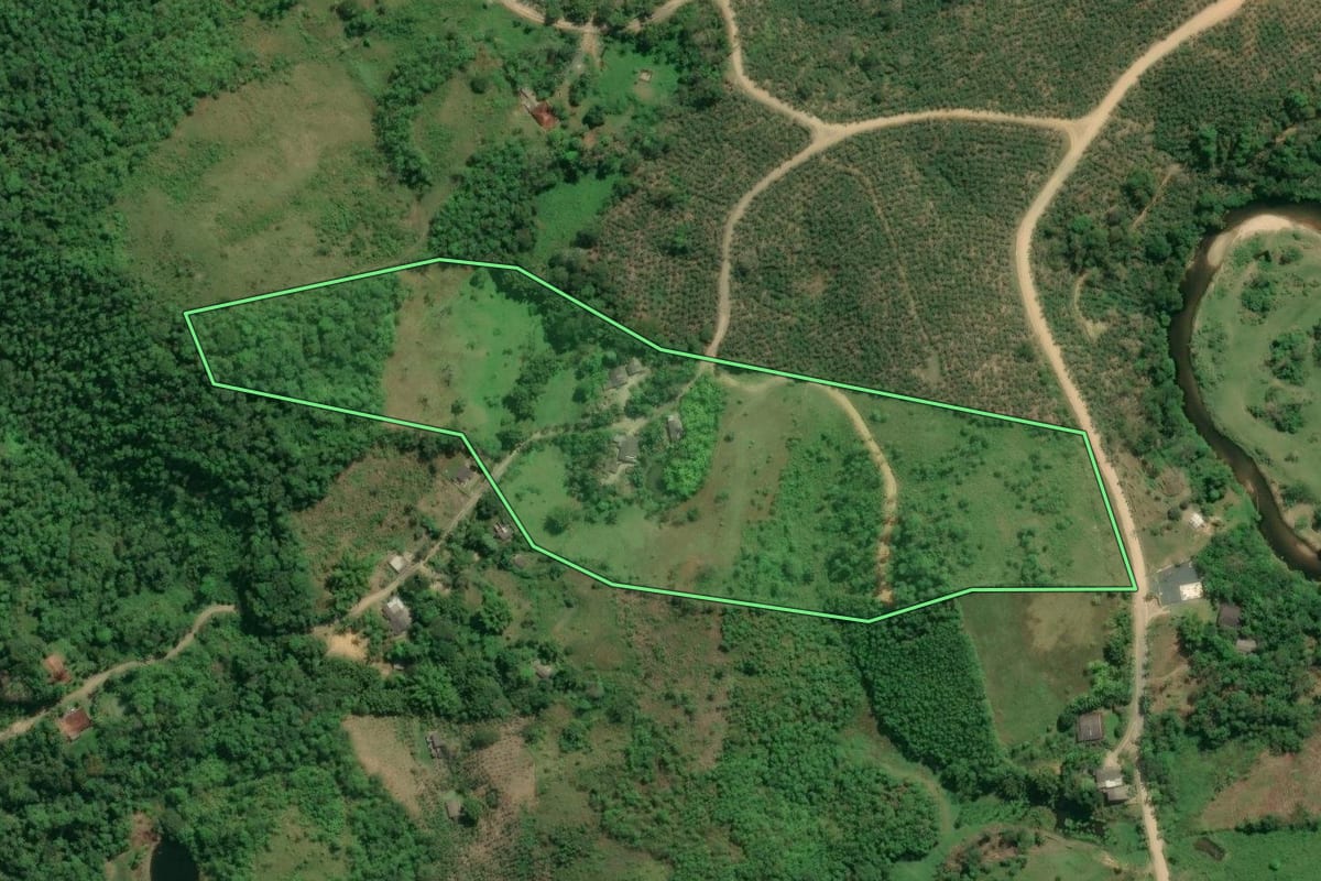 Imagem de satélite do imóvel rural em Jacupiranga (SP), com o contorno declarado no CAR desenhado por cima.
