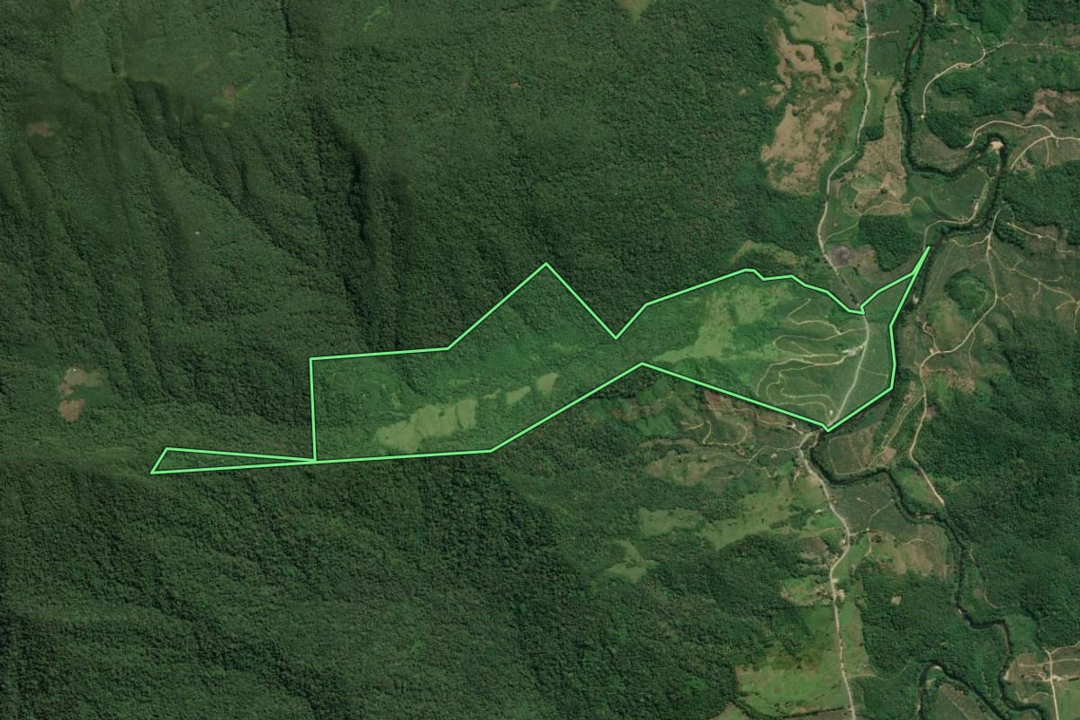 Imagem de satélite do imóvel rural em Jacupiranga (SP), com o contorno declarado no CAR desenhado por cima.
