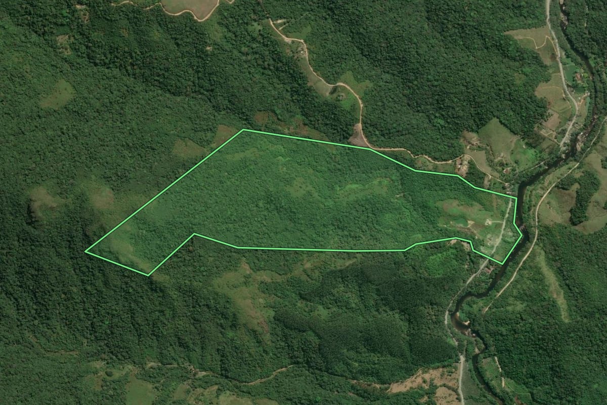 Imagem de satélite do imóvel rural em Jacupiranga (SP), com o contorno declarado no CAR desenhado por cima.