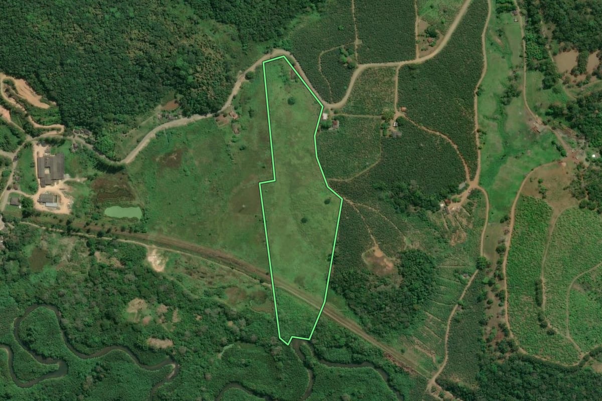 Imagem de satélite do imóvel rural em Jacupiranga (SP), com o contorno declarado no CAR desenhado por cima.